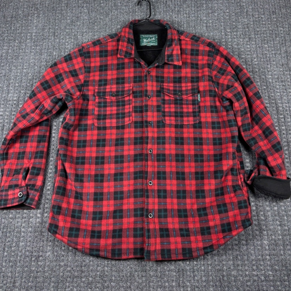 VTG Woolrich Sherpa Lined Fleece Shirt Jacket Buffalo Plaid Red Black XL Mens